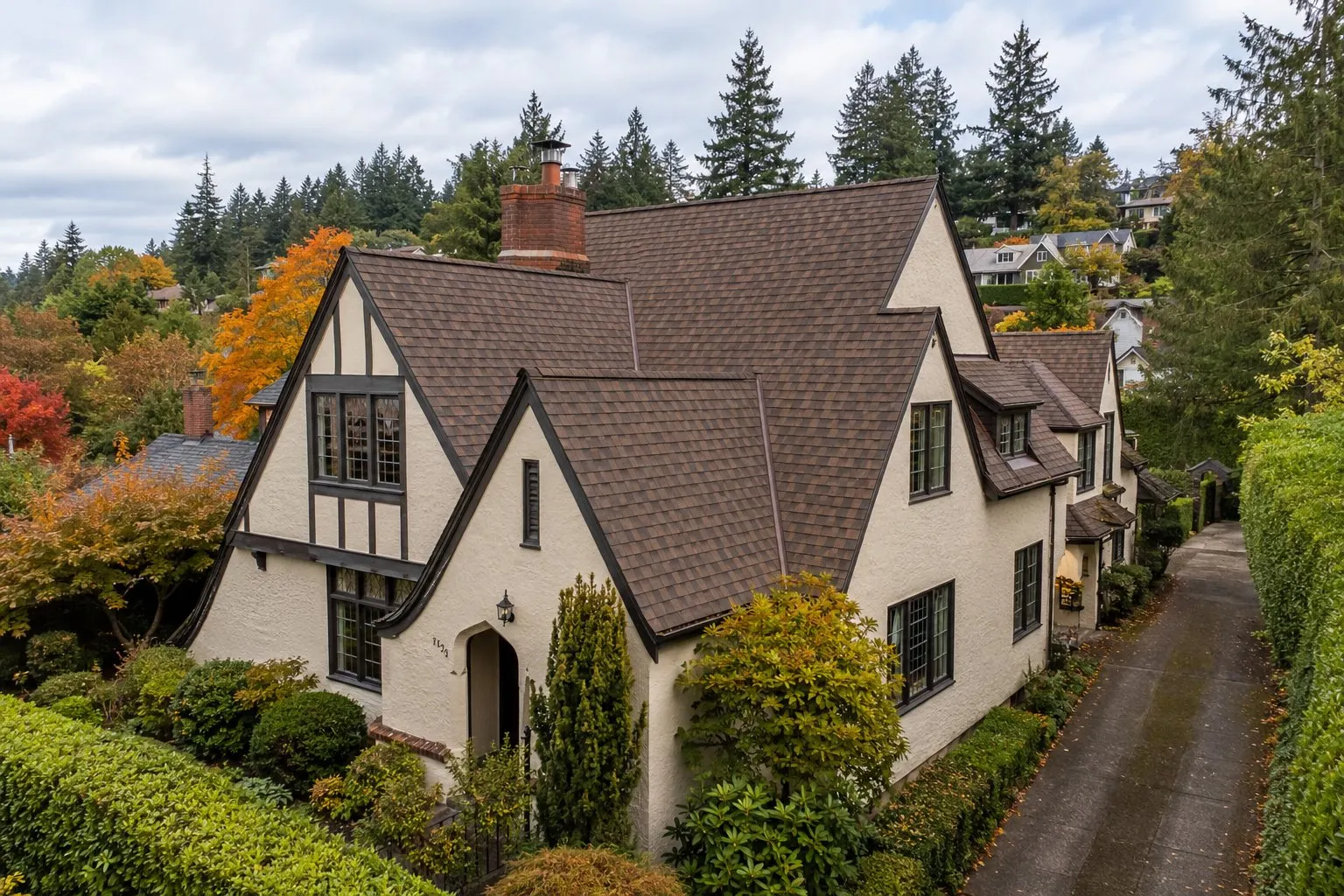 Warm tones on a Tudor home — roof detail
