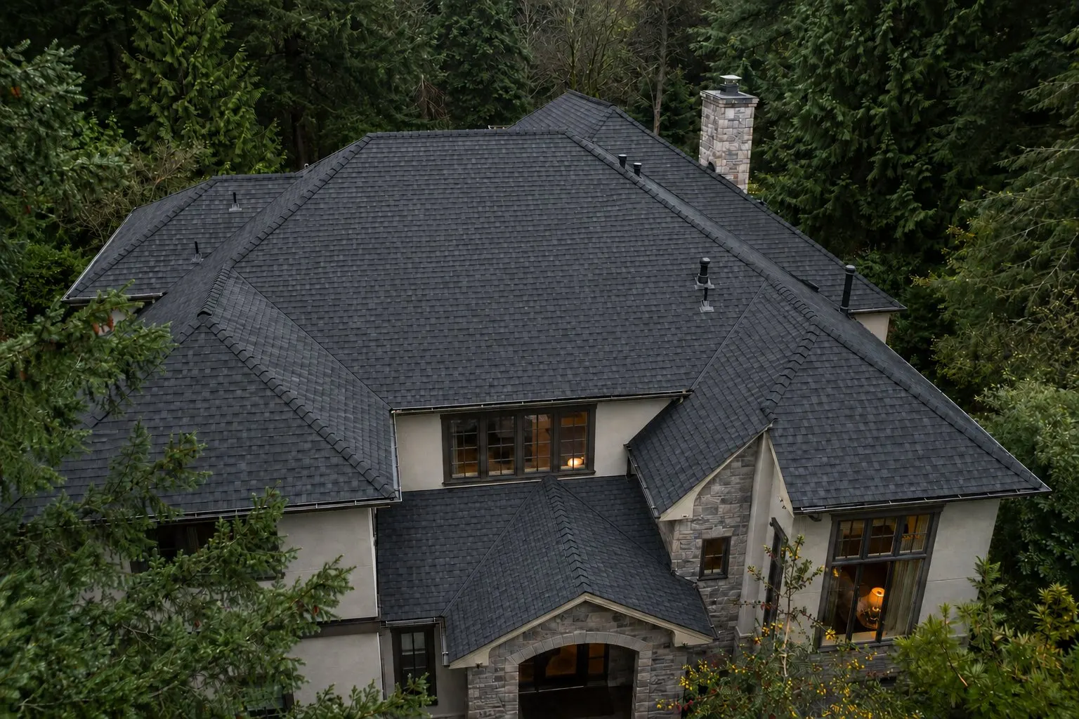 Charcoal shingles & steep gables — view 1